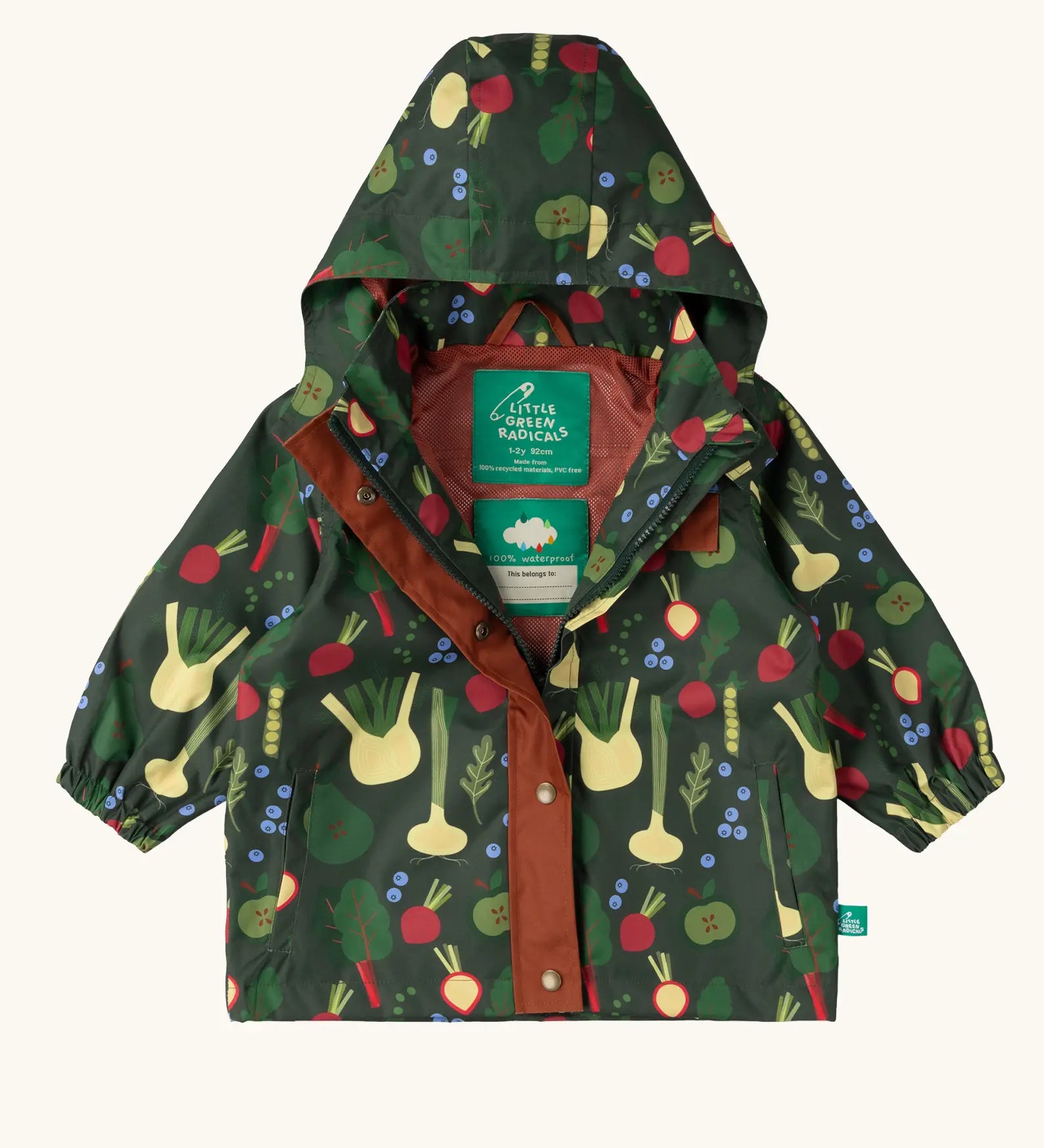 Little Green Radicals feast waterproof recycled kids raincoat. Dark green jacket with vegetable print.