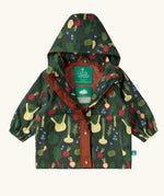 Little Green Radicals feast waterproof recycled kids raincoat. Dark green jacket with vegetable print.