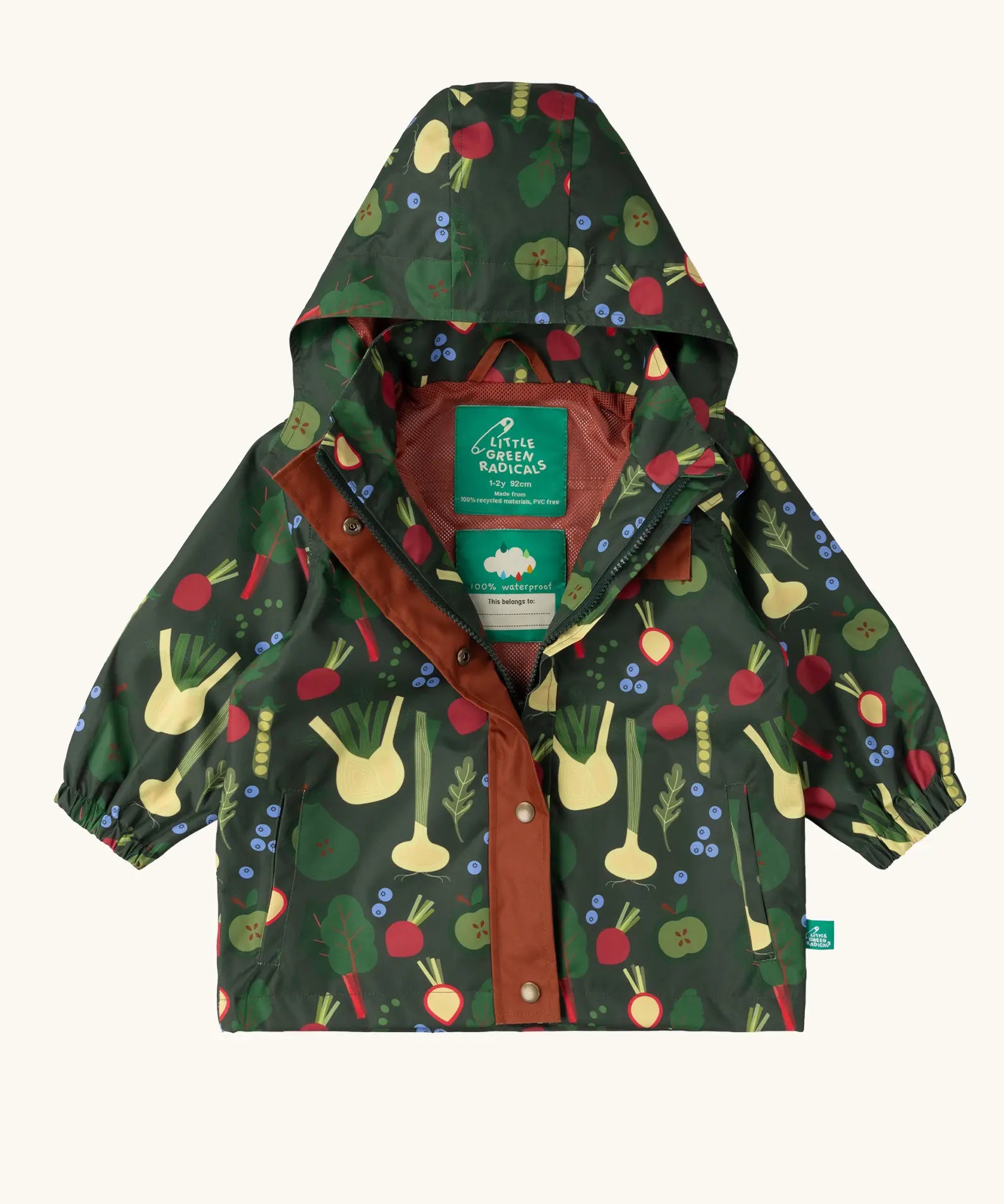 Little Green Radicals feast waterproof recycled kids raincoat. Dark green jacket with vegetable print.