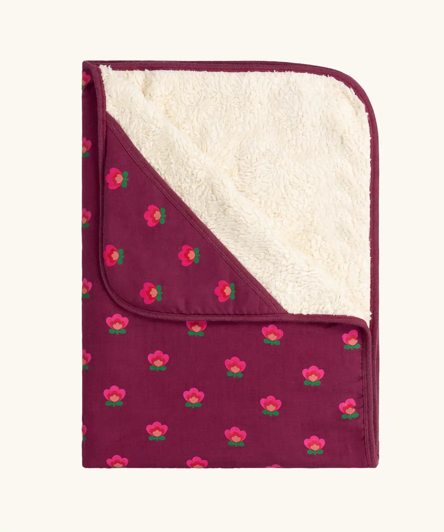 Little Green Radicals pink flowers organic cotton sherpa hooded baby blanket.