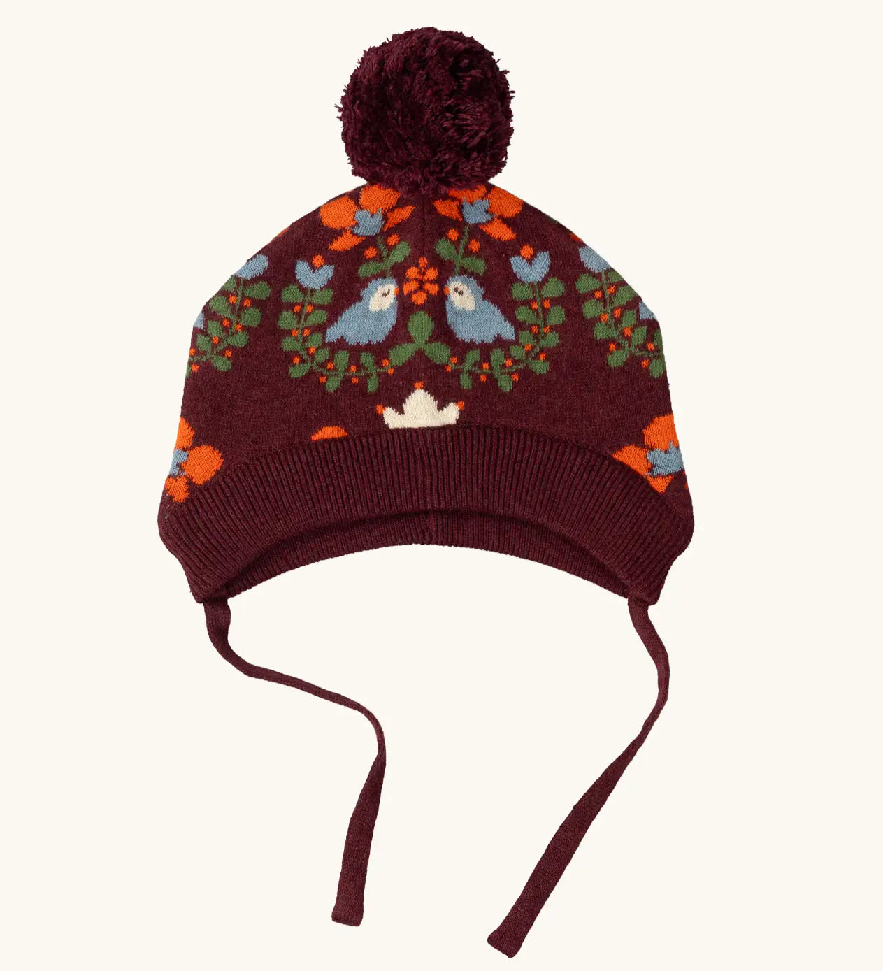 Little Green Radicals folk birds knitted purple bobble hat with chin tie straps.