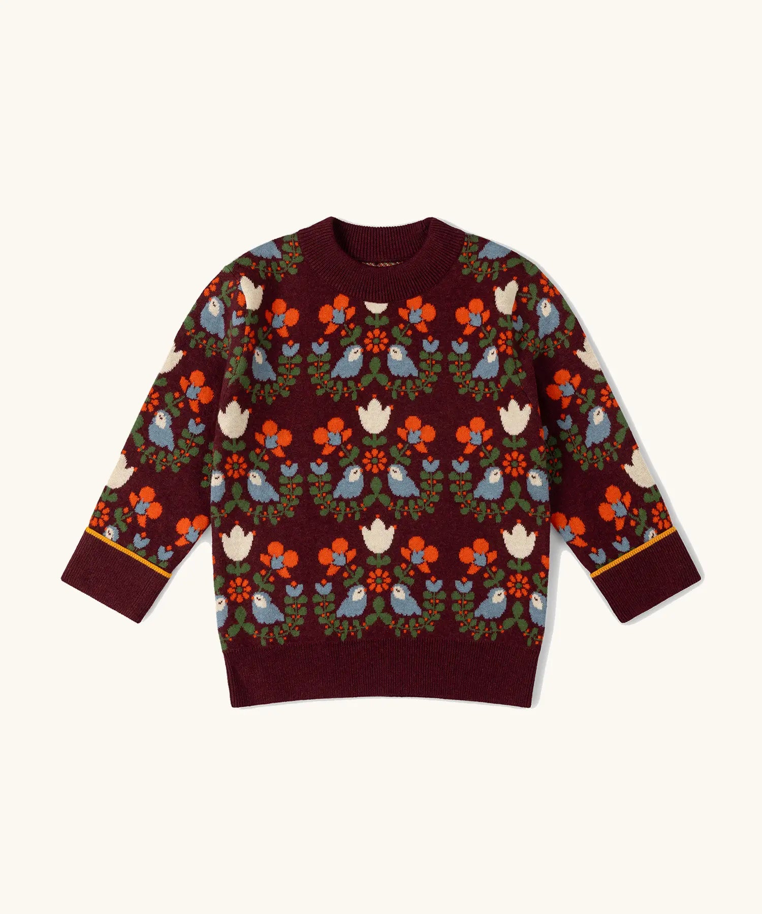 Little Green Radicals folk birds knitted organic cotton kids jumper.