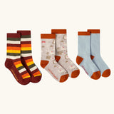 Little Green Radicals folk tales ankle socks in a 3 pack. One rainbow stripe, one fol tales and one light blue pair.