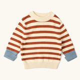 Little Green Radicals ginger striped knitted jumper with light blue cuffs. 