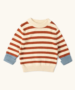 Little Green Radicals ginger striped knitted jumper with light blue cuffs. 