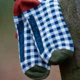 Little Green Radicals blue and white gingham style organic cotton children's socks. These socks are a part of a wide range of organic cotton clothing and accessories for children available here at Babipur. 
