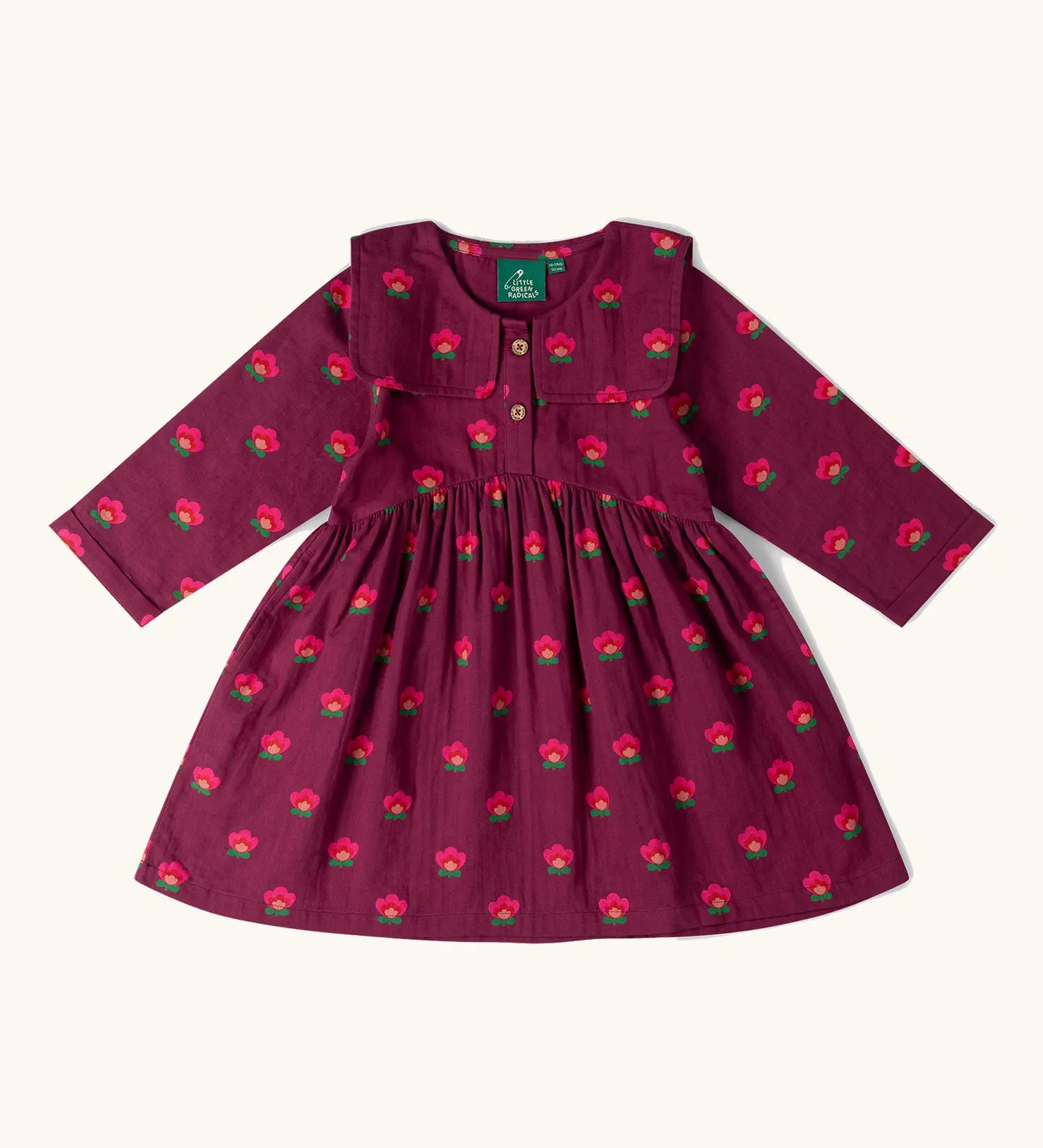 Little Green Radicals organic cotton pink flowers print sailor dress in purple.