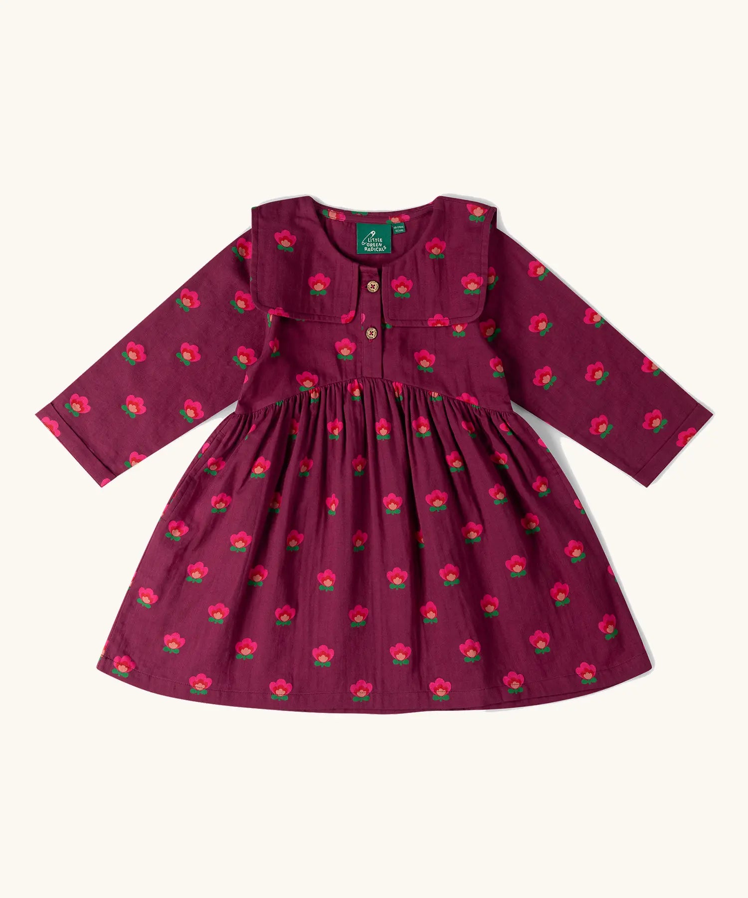 Little Green Radicals organic cotton pink flowers print sailor dress in purple.
