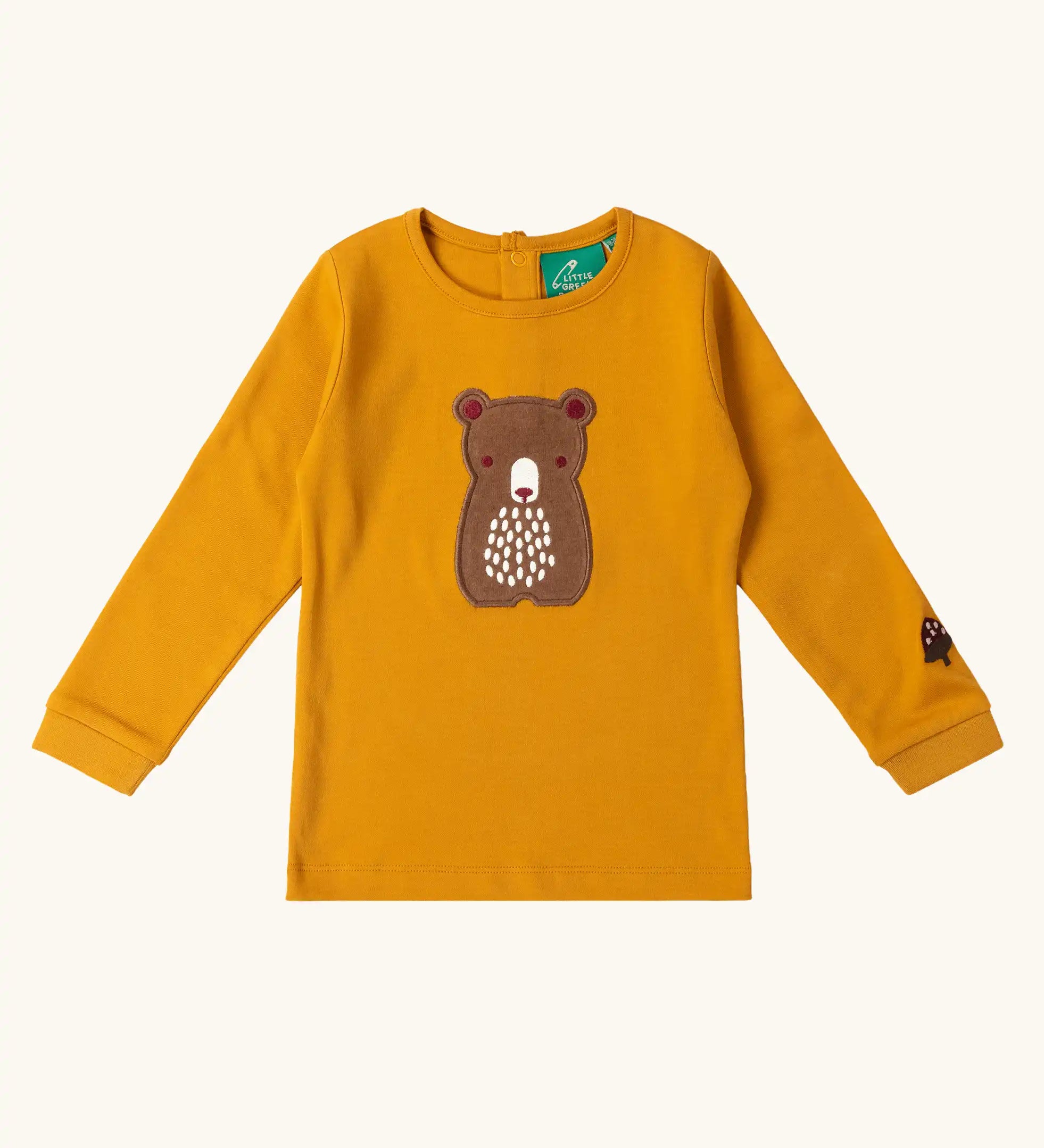 Little Green Radicals gold bear applique organic cotton long sleeve childrens-top.