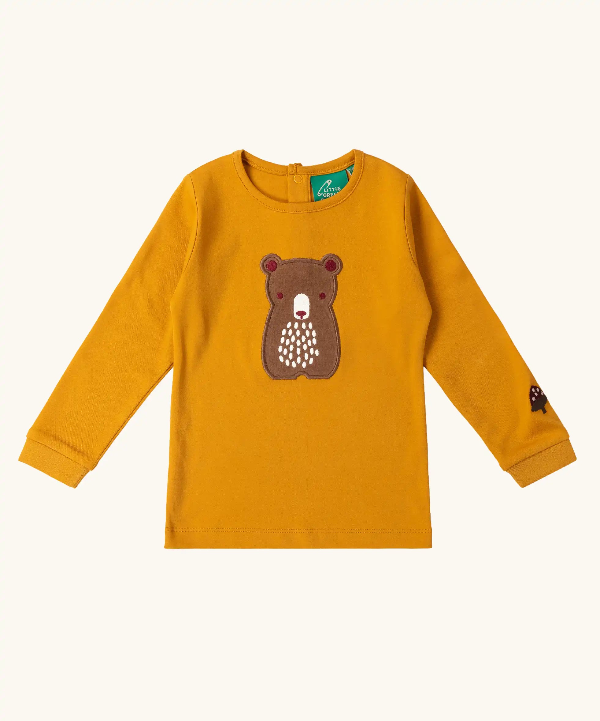 Little Green Radicals gold bear applique organic cotton long sleeve childrens-top.