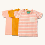 Little Green Radicals Kids Gold Organic T-Shirt Set, a 3 Pack containing one pink and white striped t-shirt one plain yellow gold and one plain pink.