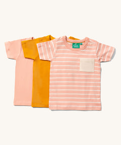 Little Green Radicals Kids Gold Organic T-Shirt Set, a 3 Pack containing one pink and white striped t-shirt one plain yellow gold and one plain pink.