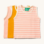 Little Green Radicals Organic Cotton sleeveless Vest Set in a 3 pack. One  has pink and cream stripes, one is plain yellow gold and one is plain pink.