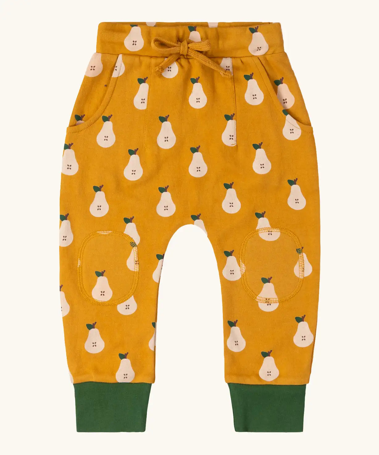 Golden yellow pear print jogger for children from Little Green Radicals. 