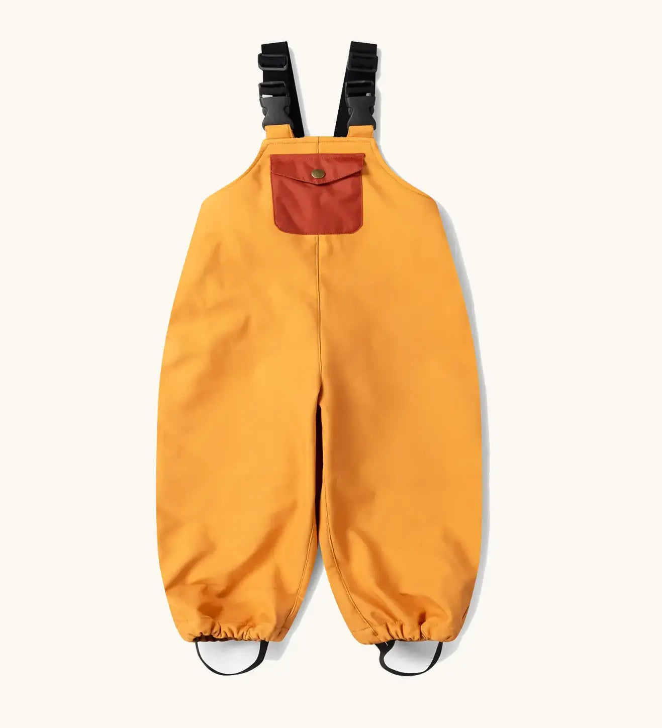 Little Green Radicals yellow gold recycled lined waterproof dungarees with boot straps.