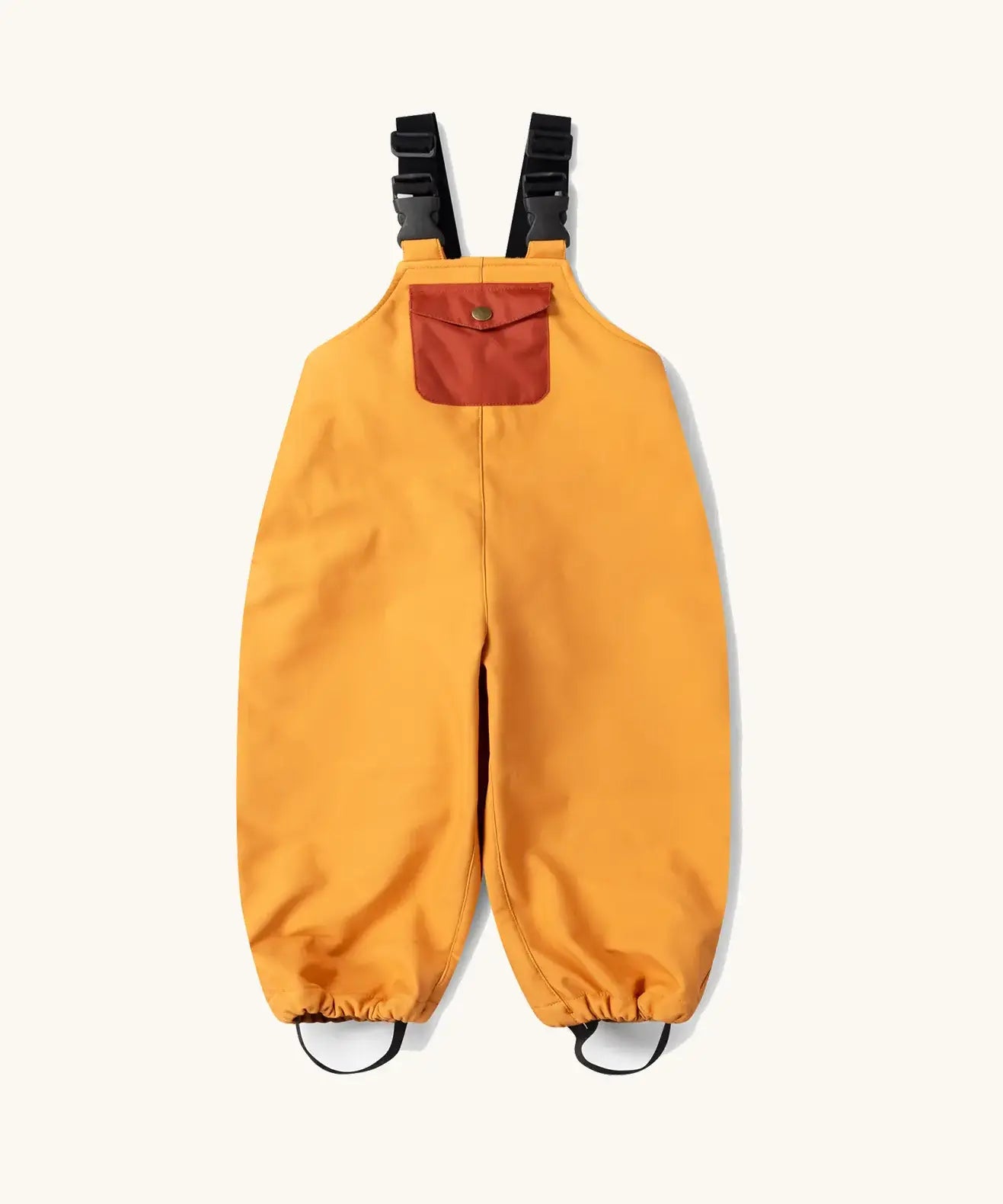 Little Green Radicals yellow gold recycled lined waterproof dungarees with boot straps.