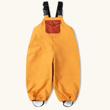 Little Green Radicals yellow gold recycled lined waterproof dungarees with boot straps.