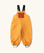 Little Green Radicals yellow gold recycled lined waterproof dungarees with boot straps.
