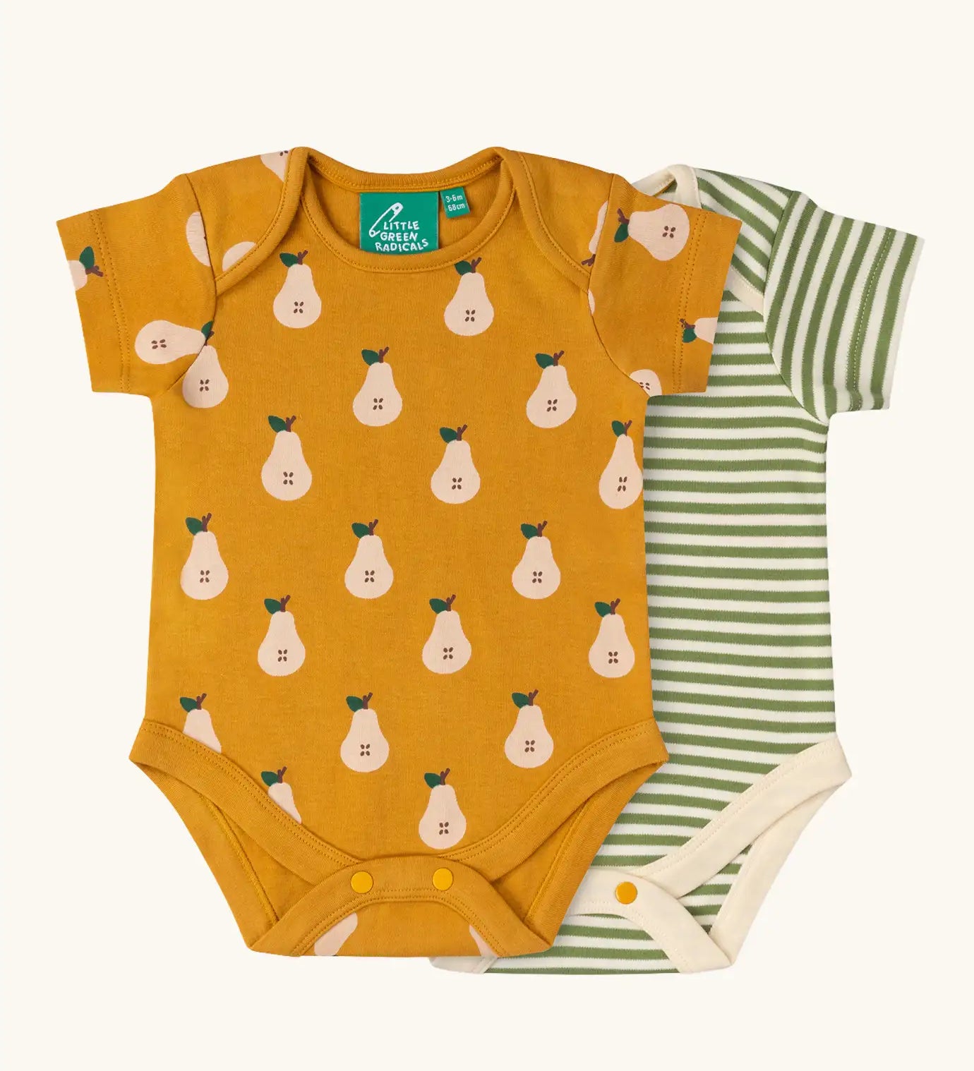 Little Green Radicals Summer pears print organic cotton short sleeved baby bodysuit 2 pack. One repeat pear print yellow gold vest, one with a green and cream stripe design.