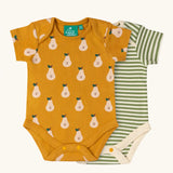 Little Green Radicals Summer pears print organic cotton short sleeved baby bodysuit 2 pack. One repeat pear print yellow gold vest, one with a green and cream stripe design.