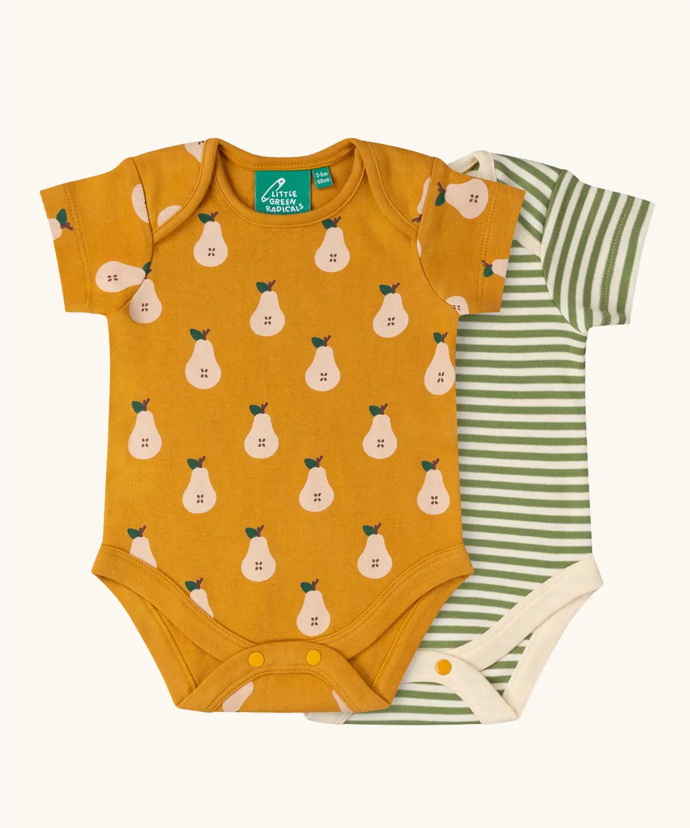 Little Green Radicals Summer pears print organic cotton short sleeved baby bodysuit 2 pack. One repeat pear print yellow gold vest, one with a green and cream stripe design.