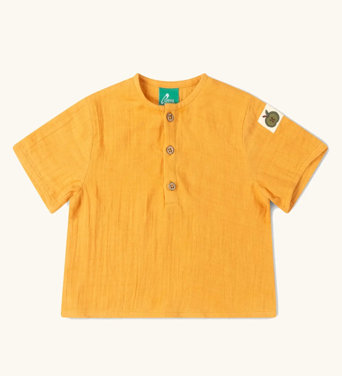 Little Green Radicals children's golden ochre yellow short sleeved, organic cotton henley top.
