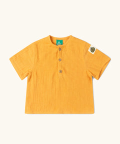 Little Green Radicals children's golden ochre yellow short sleeved, organic cotton henley top.