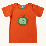 Little Green Radicals green apple applique organic short sleeve red t-shirt.
