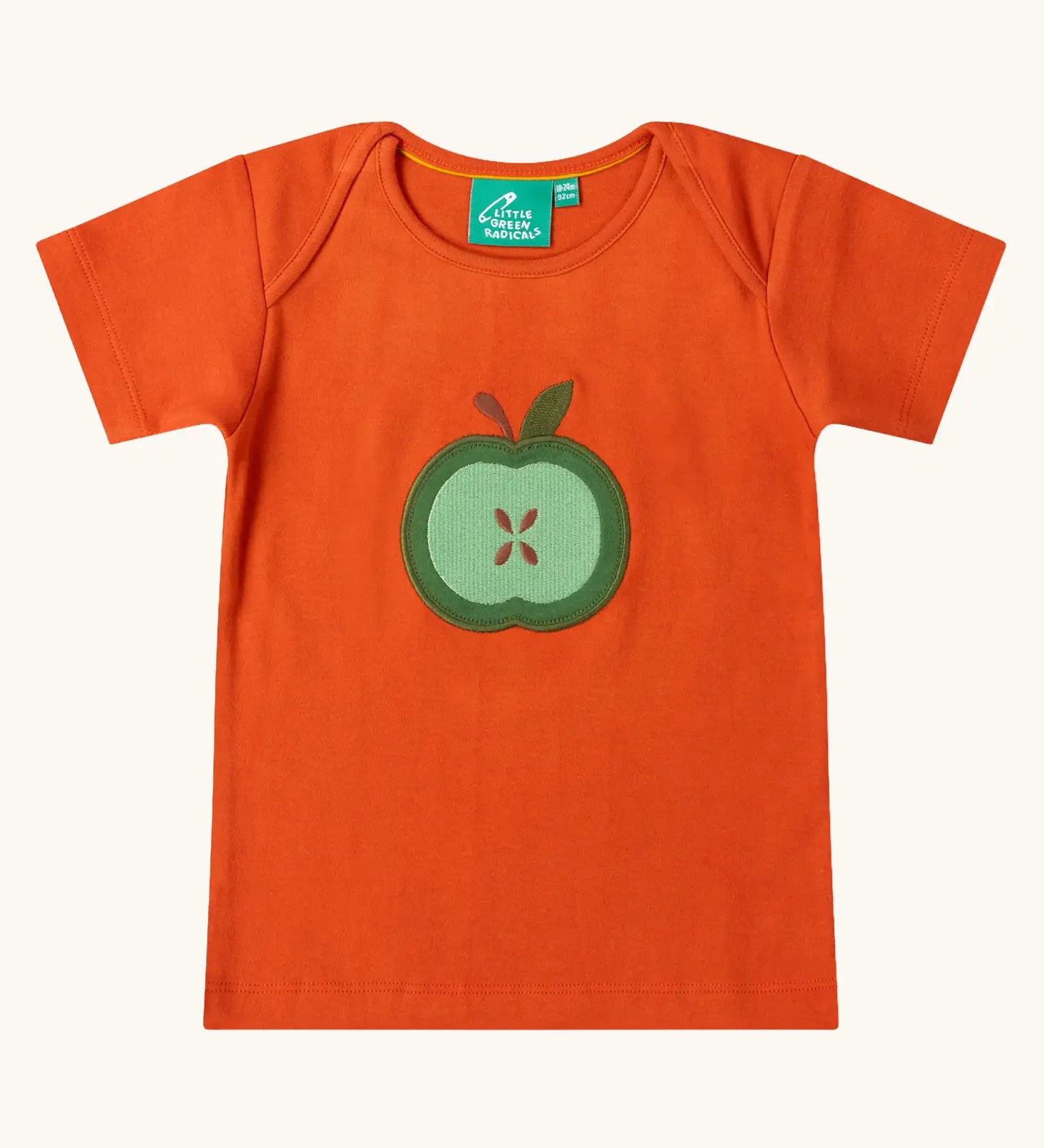 Little Green Radicals green apple applique organic short sleeve red t-shirt.