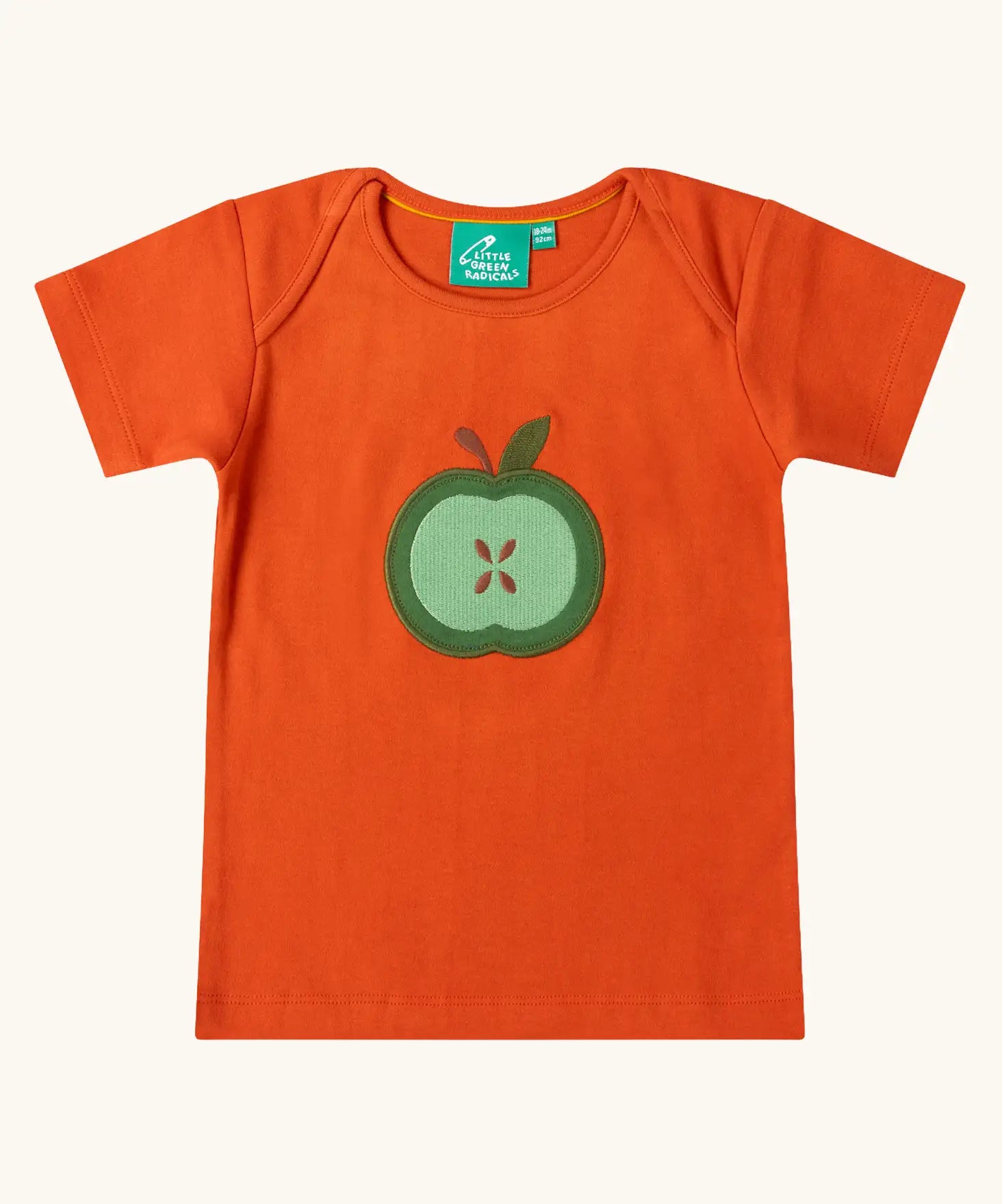 Little Green Radicals green apple applique organic short sleeve red t-shirt.