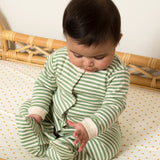Little Green Radicals Organic 2 Pack Baby Body Set - a baby wearing the green and white striped babygrow. 