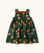 Little Green Radicals green orange blooms repeat print reversible pinny kids dress.