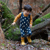 Child wearing Little Green Radicals  blue penguins everyday GOTS organic cotton dungarees, standing on a leaf covered ground in a forest. Navy blue background with an all over blue penguin print with yellow gold leg cuffs.