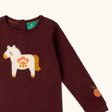 Close up of the horse applique on the front of the Little Green Radicals kids brown horse organic cotton long sleeve top.