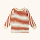 Long sleeved top from the Little Green Radicals kids burnt ochre stripe organic cotton pyjamas.