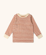 Long sleeved top from the Little Green Radicals kids burnt ochre stripe organic cotton pyjamas.