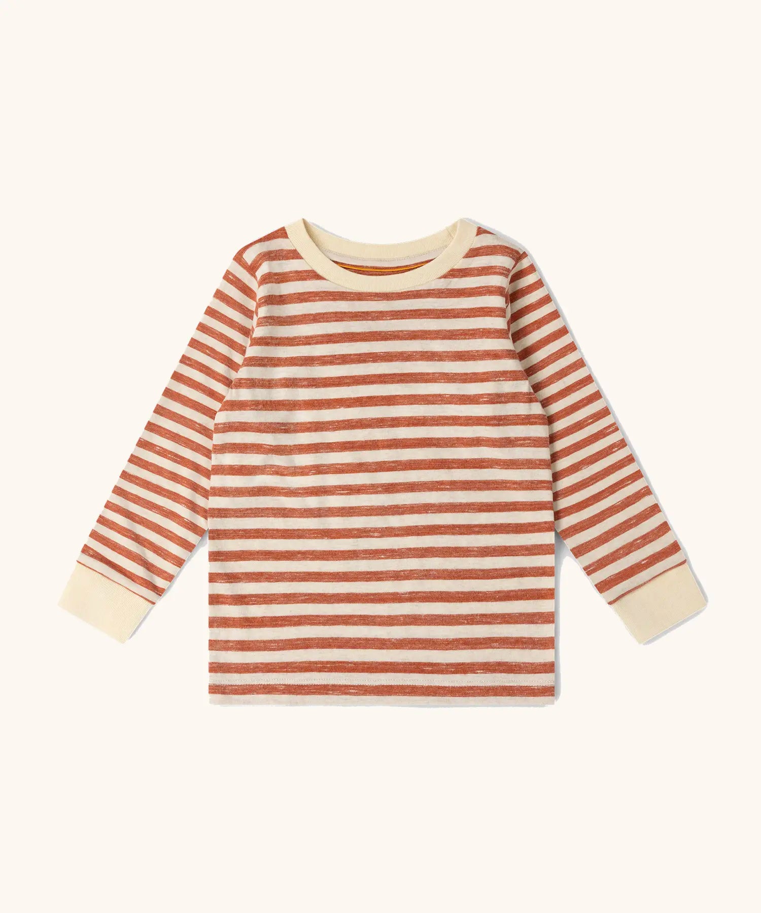 Long sleeved top from the Little Green Radicals kids burnt ochre stripe organic cotton pyjamas.