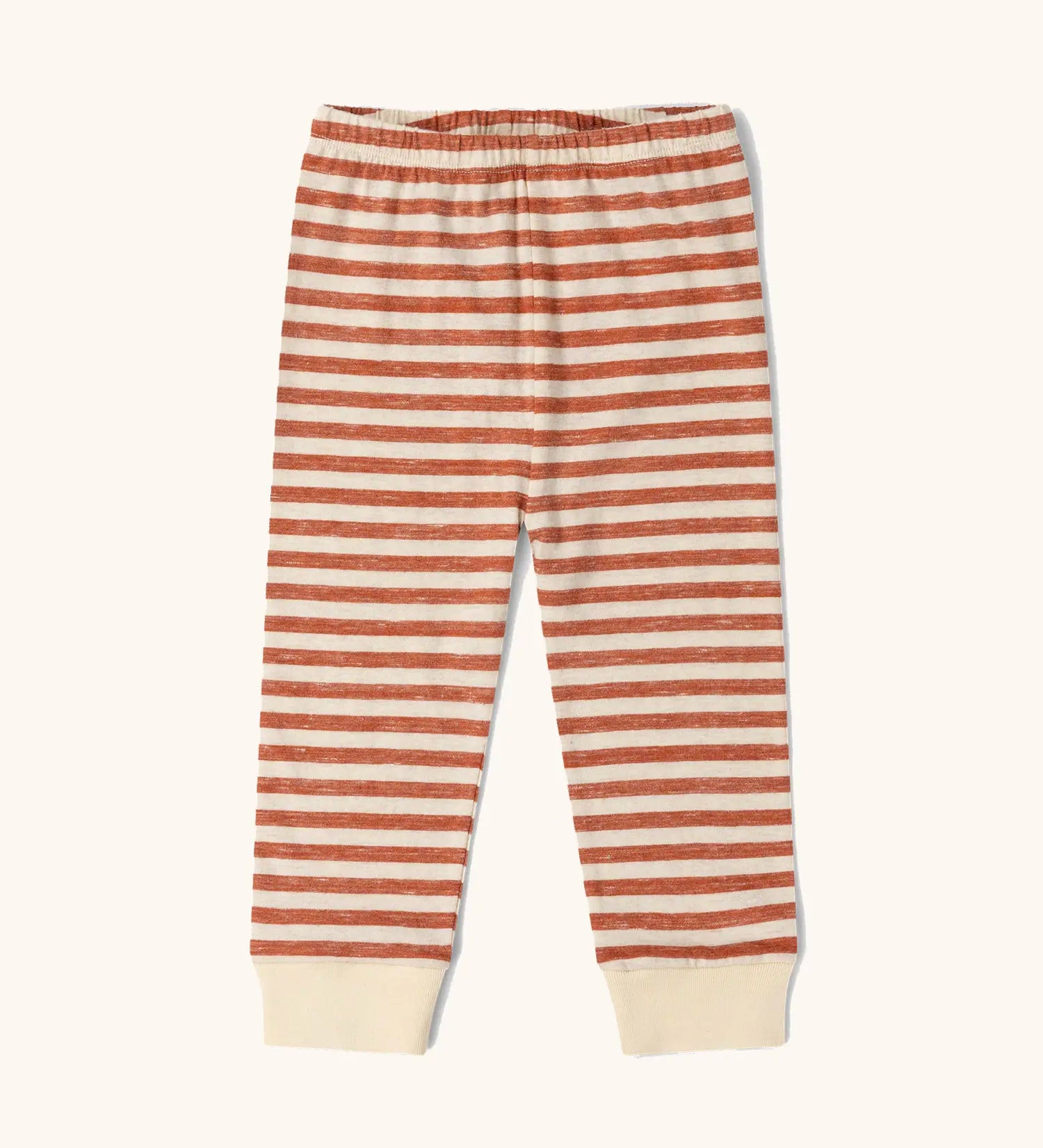 Trousers from the Little Green Radicals kids burnt ochre stripe organic cotton pyjamas.