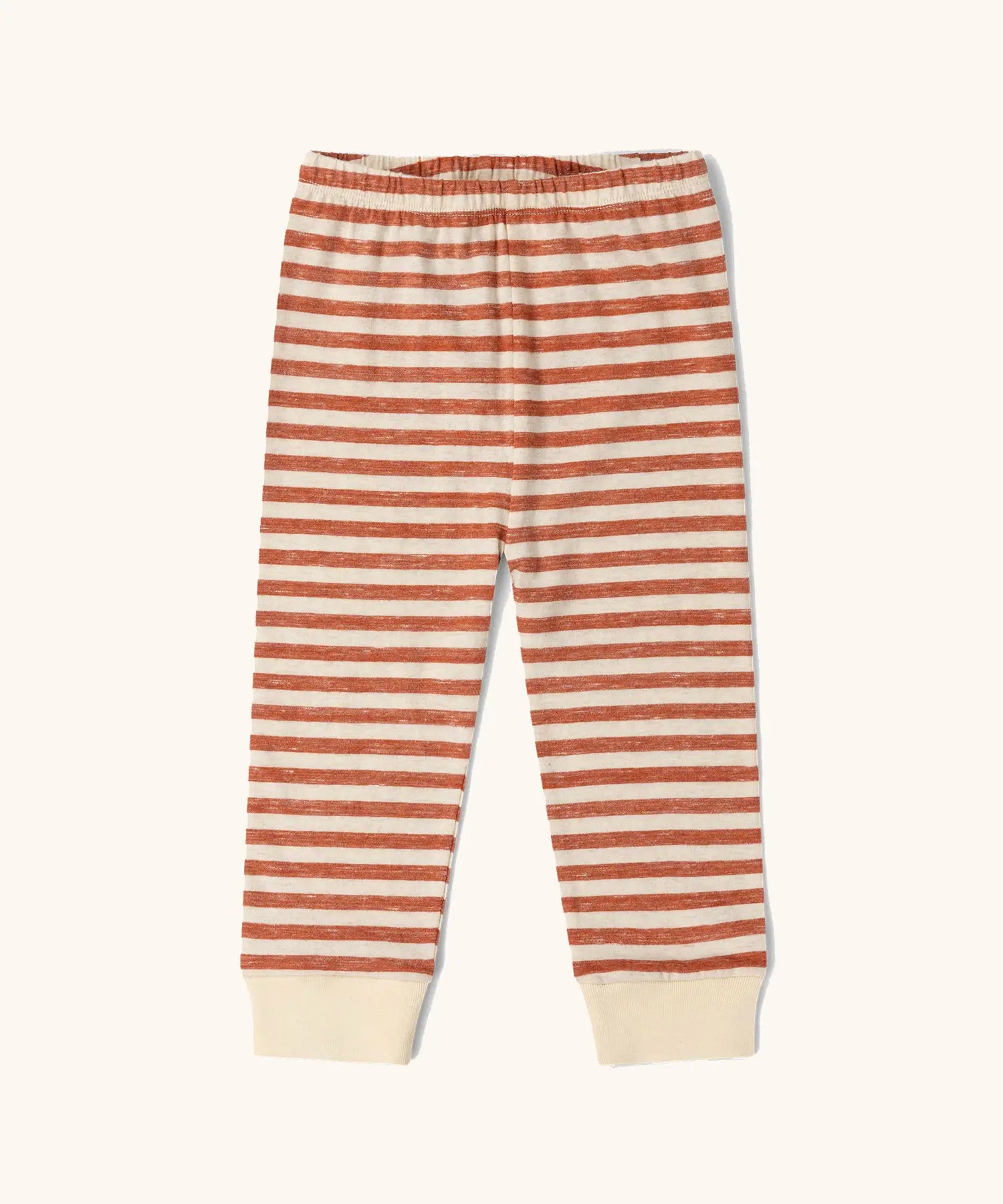 Trousers from the Little Green Radicals kids burnt ochre stripe organic cotton pyjamas.