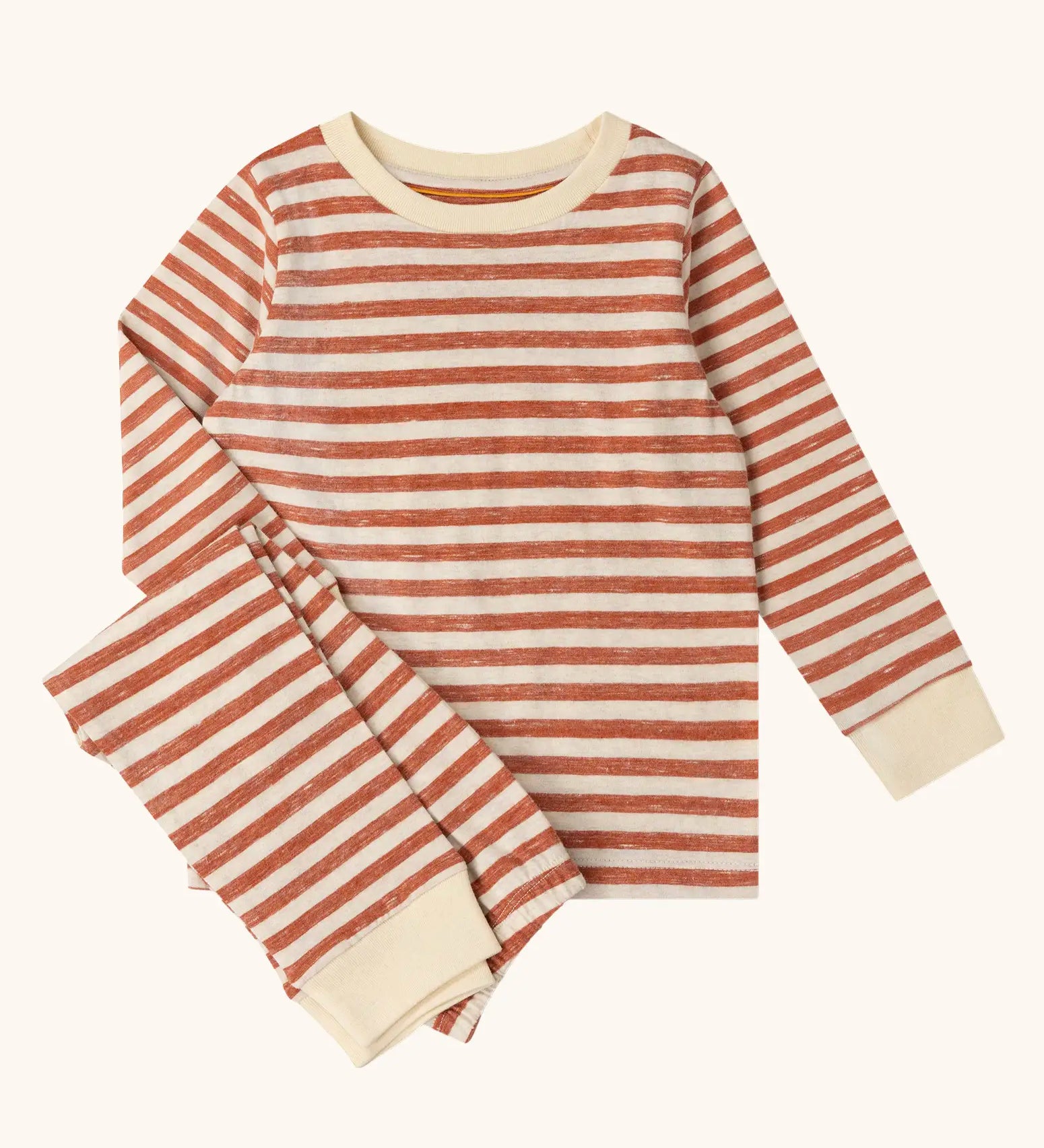 Little Green Radicals kids burnt ochre stripe organic cotton pyjamas.