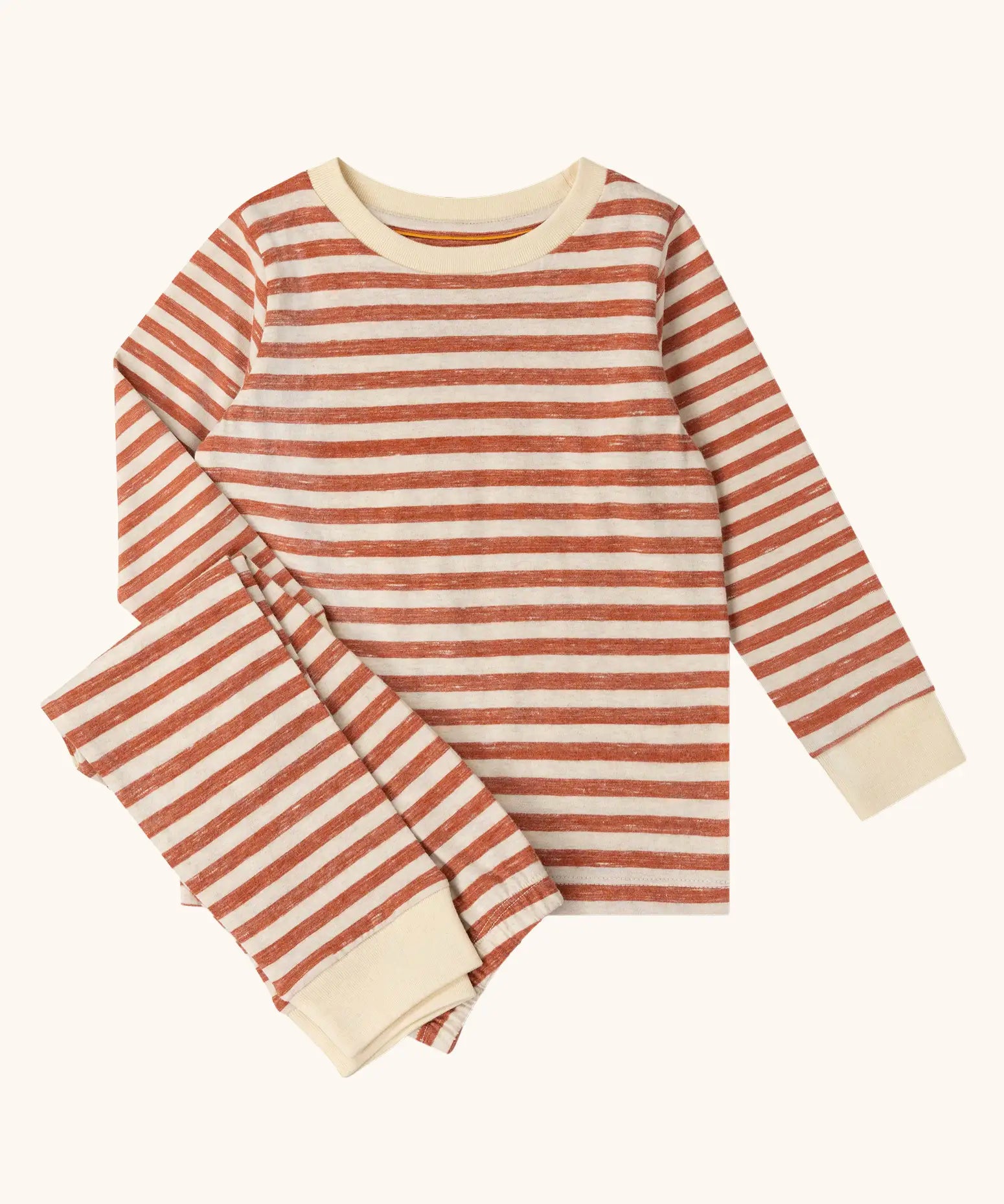 Little Green Radicals kids burnt ochre stripe organic cotton pyjamas.