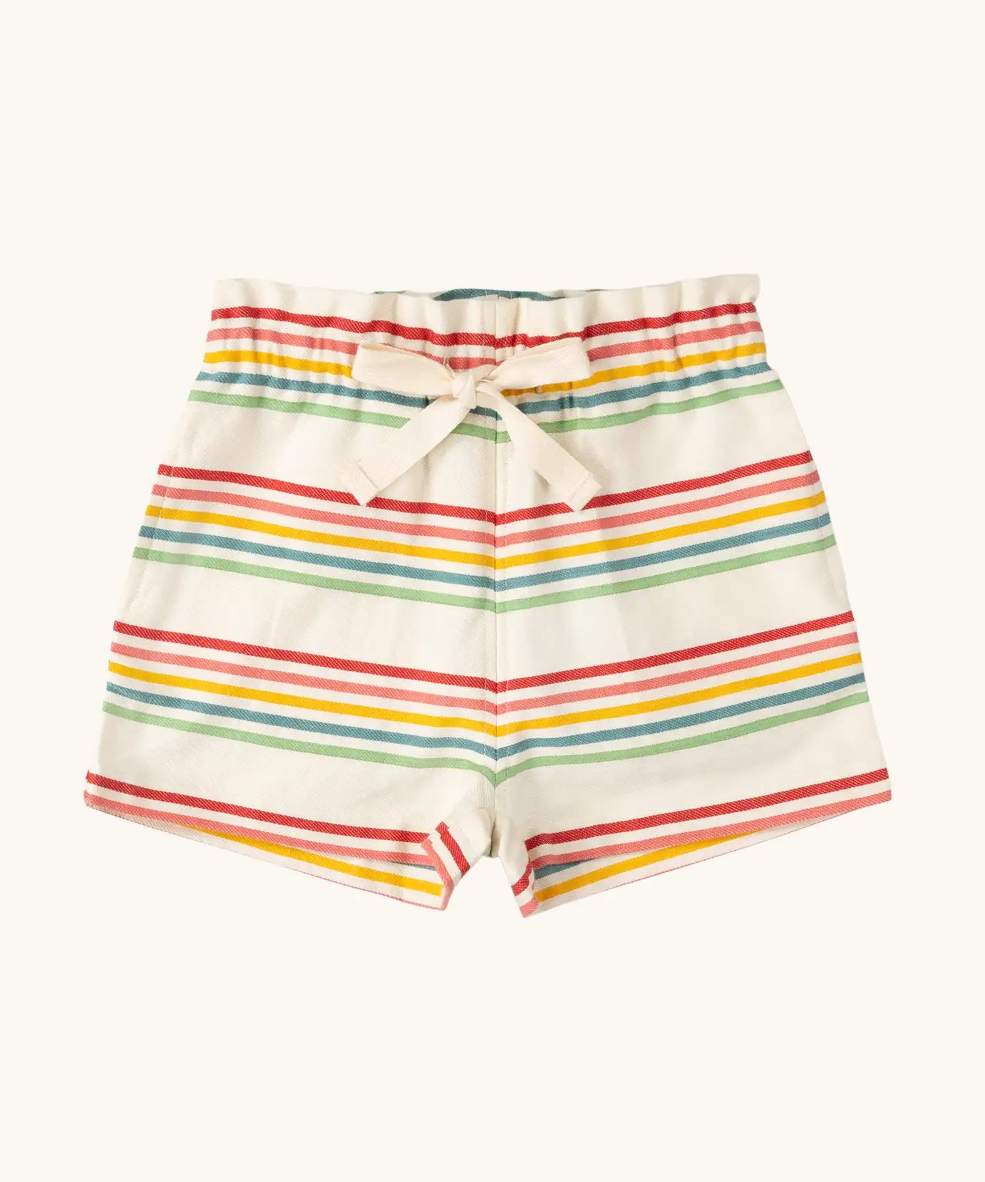 Little Green Radicals children's cream rainbow striped by the sea twill shorts. 