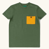 Little Green Radicals chive green organic cotton kids short sleeved t-short with yellow chest pocket.