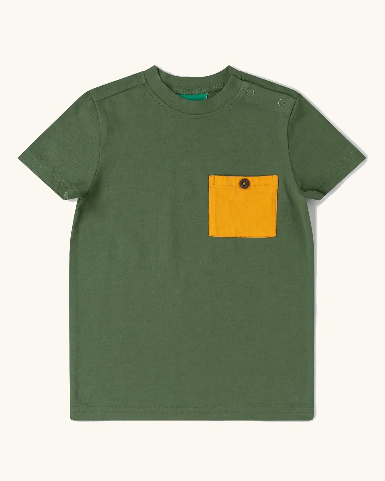 Little Green Radicals chive green organic cotton kids short sleeved t-short with yellow chest pocket.