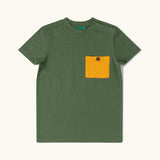 Little Green Radicals chive green organic cotton kids short sleeved t-short with yellow chest pocket.