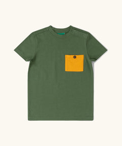 Little Green Radicals chive green organic cotton kids short sleeved t-short with yellow chest pocket.