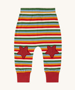 Little Green Radicals Kids' Knee Patch Joggers with Rainbow Striped. The knee patches are red stars. These organic cotton trousers are past of a wide range of children's clothing available at Babipur. 