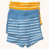 Little Green Radicals organic Cotton Boxer Shorts Underwear Set containing one blue and white striped boxer shorts, one plain blue and one yellow and white striped pair.