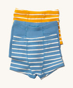 Little Green Radicals organic Cotton Boxer Shorts Underwear Set containing one blue and white striped boxer shorts, one plain blue and one yellow and white striped pair.