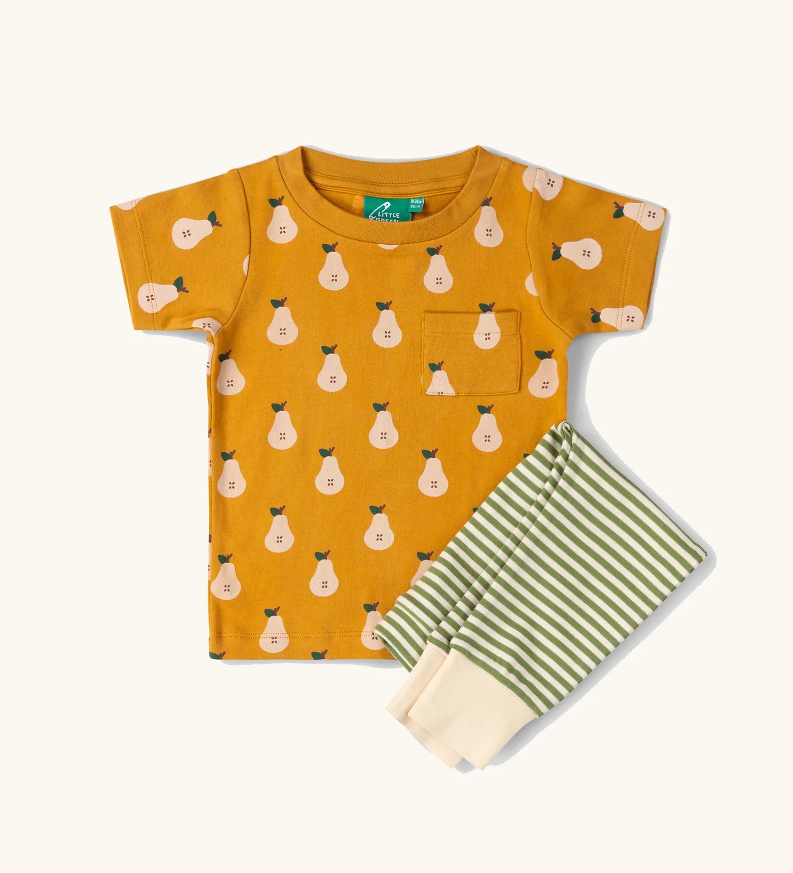 Little Green Radicals Summer pears organic cotton t-shirt and jogger playset. Repeat pattern gold pear t-shirt with green and cream striped trousers.